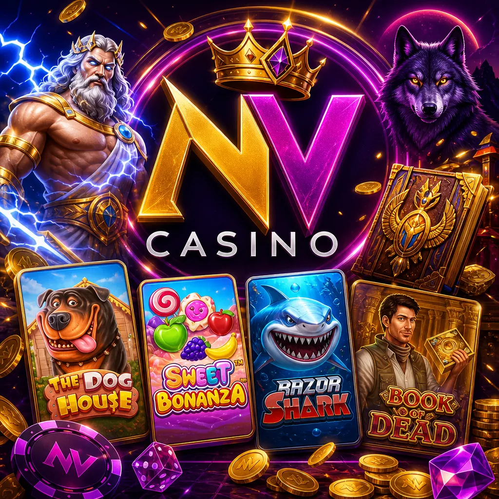 NV Casino high-quality promotional image featuring purple-magenta neon colors, gold accents, and premium glow with brand logo